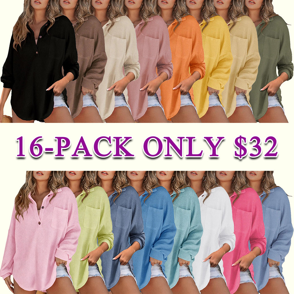 Women's Oversized Waffle Henley Shirt Button V-Neck Long Sleeve Mesh Knit Tunic Blouse