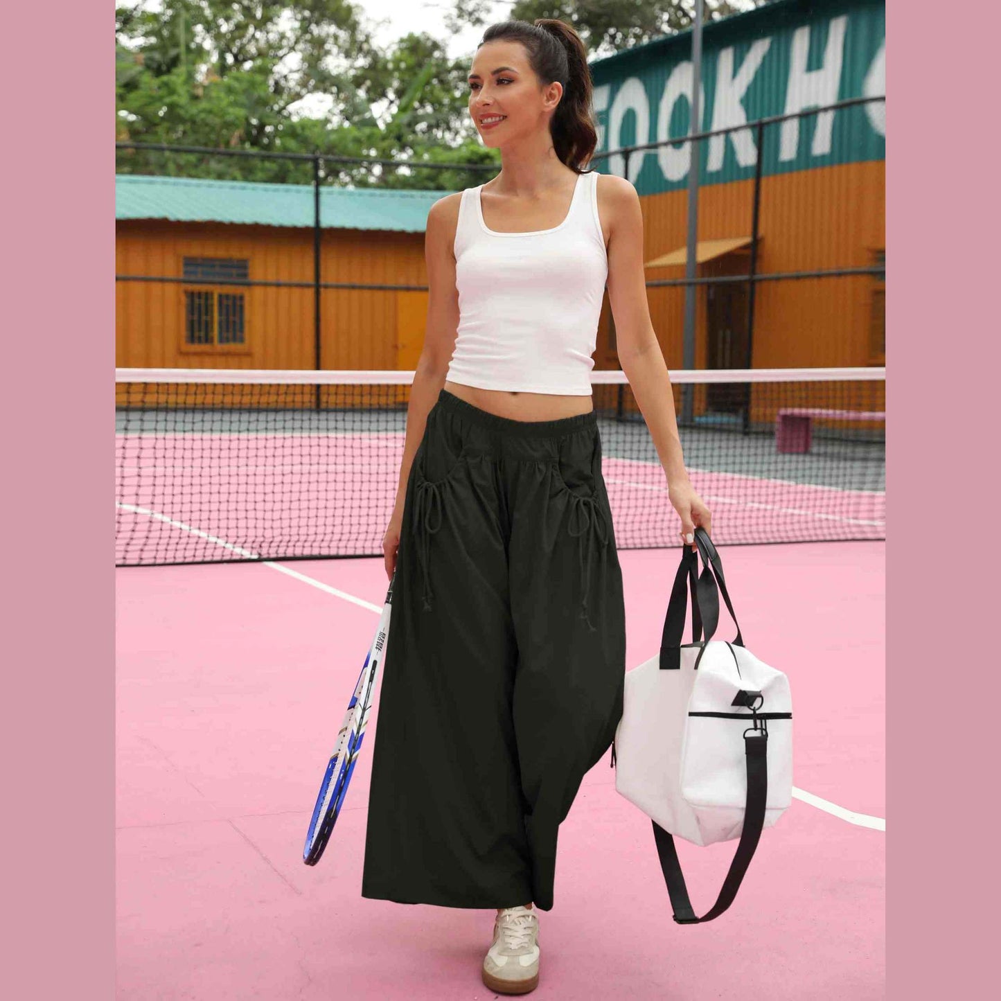 ⏰Hot Sale Women's Loose Wide Leg Track Pants Drawstring Pockets Elastic Waist Capri Hiking Pants