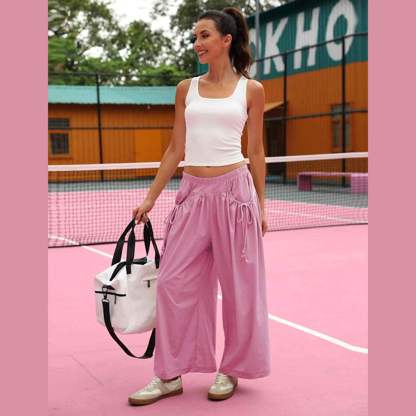 ⏰Hot Sale Women's Loose Wide Leg Track Pants Drawstring Pockets Elastic Waist Capri Hiking Pants