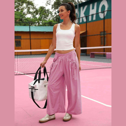 ⏰Hot Sale Women's Loose Wide Leg Track Pants Drawstring Pockets Elastic Waist Capri Hiking Pants