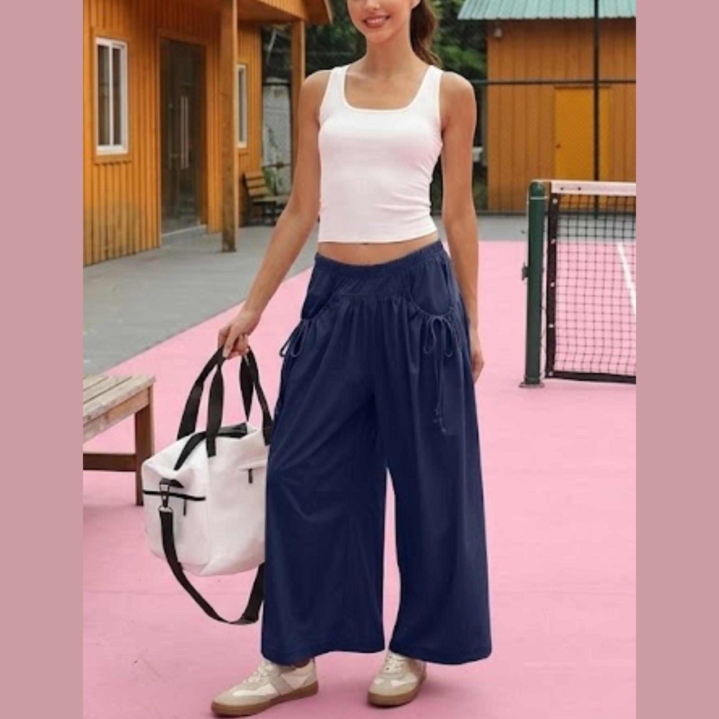 ⏰Hot Sale Women's Loose Wide Leg Track Pants Drawstring Pockets Elastic Waist Capri Hiking Pants