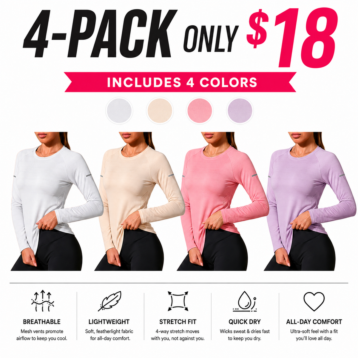 Women’s Quick-Dry Long Sleeve Sports Tops, Breathable Lightweight Shirts for Running & Outdoor Activities