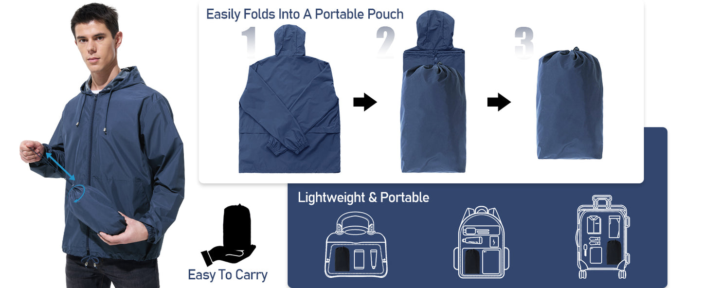 Men Waterproof Raincoat Windbreaker Lightweight Packable Rain Jacket