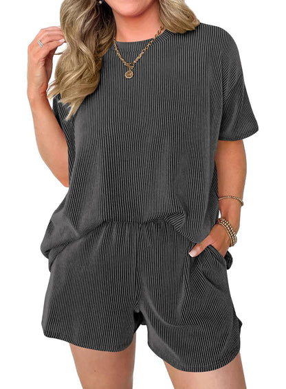 Women's Pocket Casual Short Sleeve T-shirt & Elastic Waist Shorts, Ribbed 2 Piece Sets