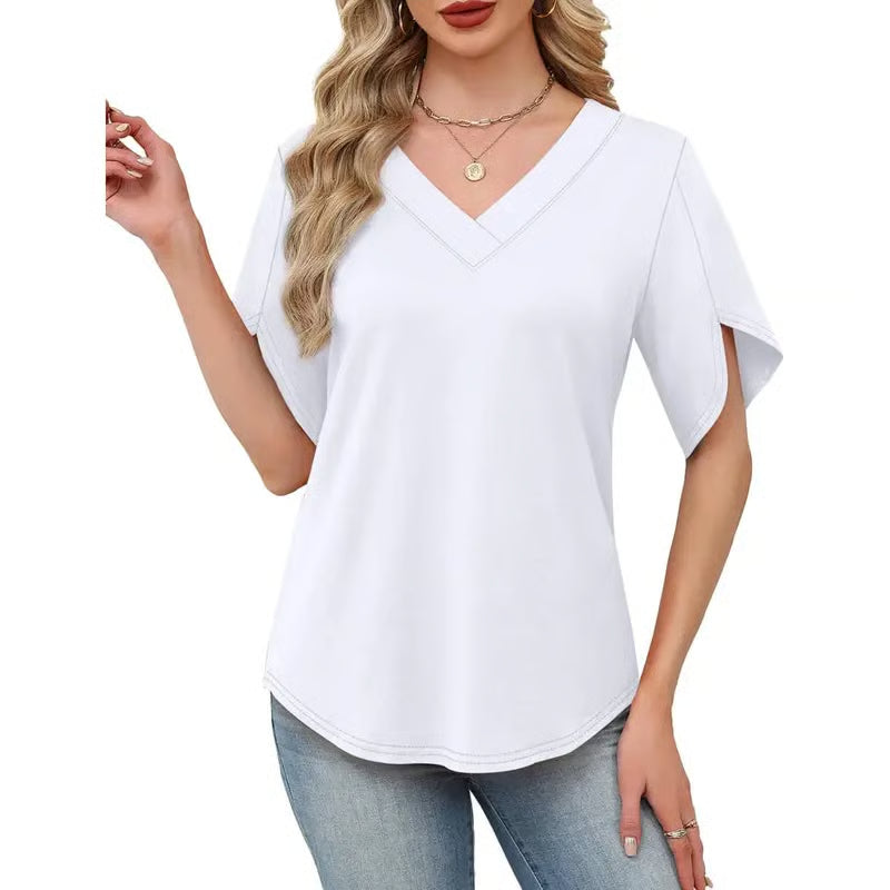 WIHOLL FASHION Womens Summer Tops Short Petal Sleeve Shirts Fashion V Neck Outfits Clothes