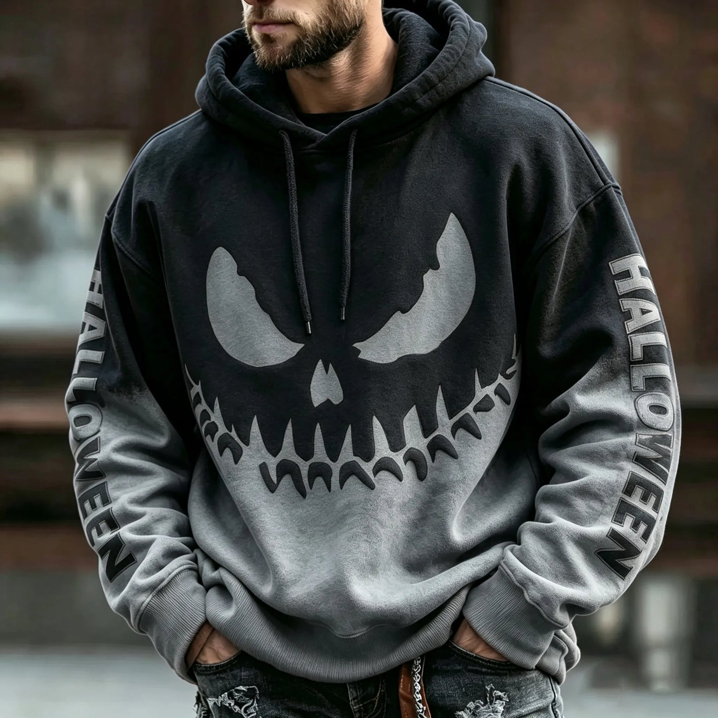 Men's Vintage Scary Face Print Gradient Graphics Halloween Hoodie