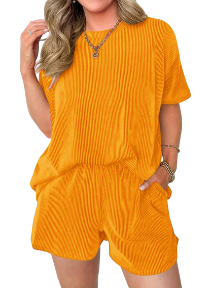 Women's Pocket Casual Short Sleeve T-shirt & Elastic Waist Shorts, Ribbed 2 Piece Sets