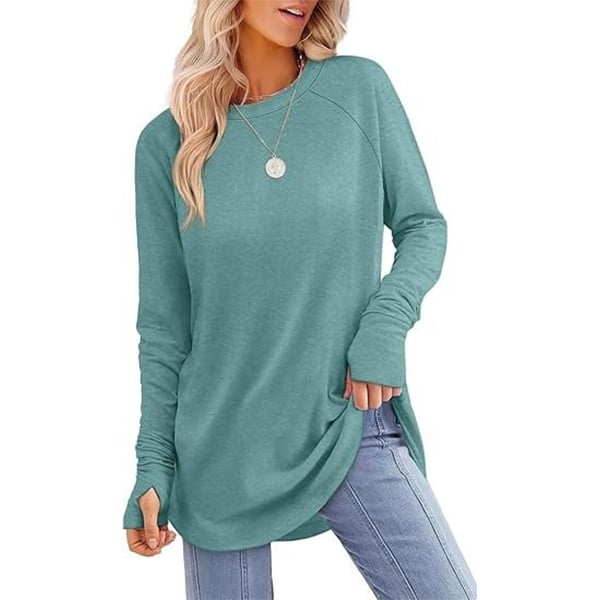 Womens Tunic Tops to Wear with Leggings Long Sleeve Thumb Crew Neck Curved Hem