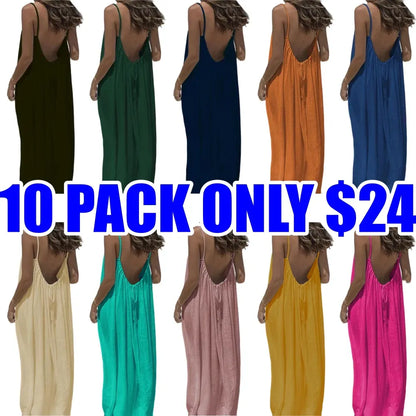 🔥Women's Cotton Linen Backless Loose Dress🔥 10-Piece Pack - Includes All Colors, Only $24