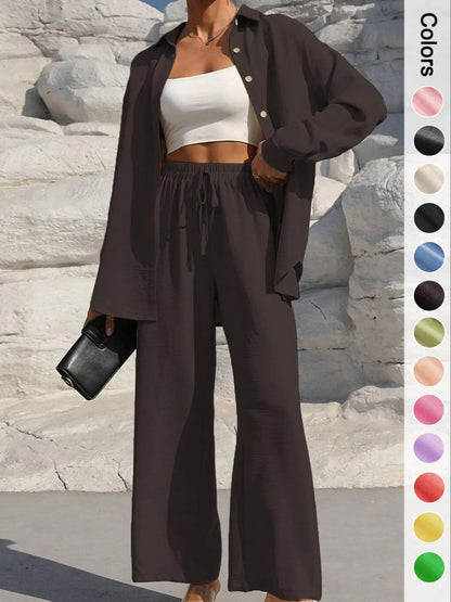 Women's Casual Button Front Shirt & Tie Front Pants Set