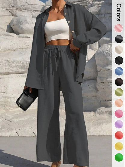 Women's Casual Button Front Shirt & Tie Front Pants Set