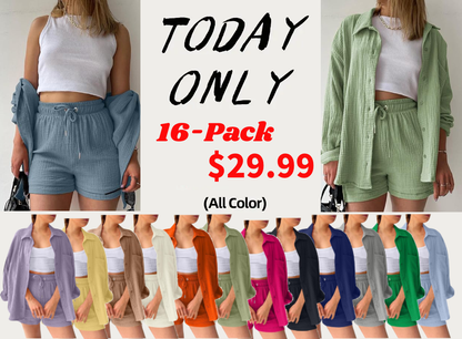 🔥Last day promotion🔥Women's Pleated Button Shirt Casual Suit（Top + vest + shorts）