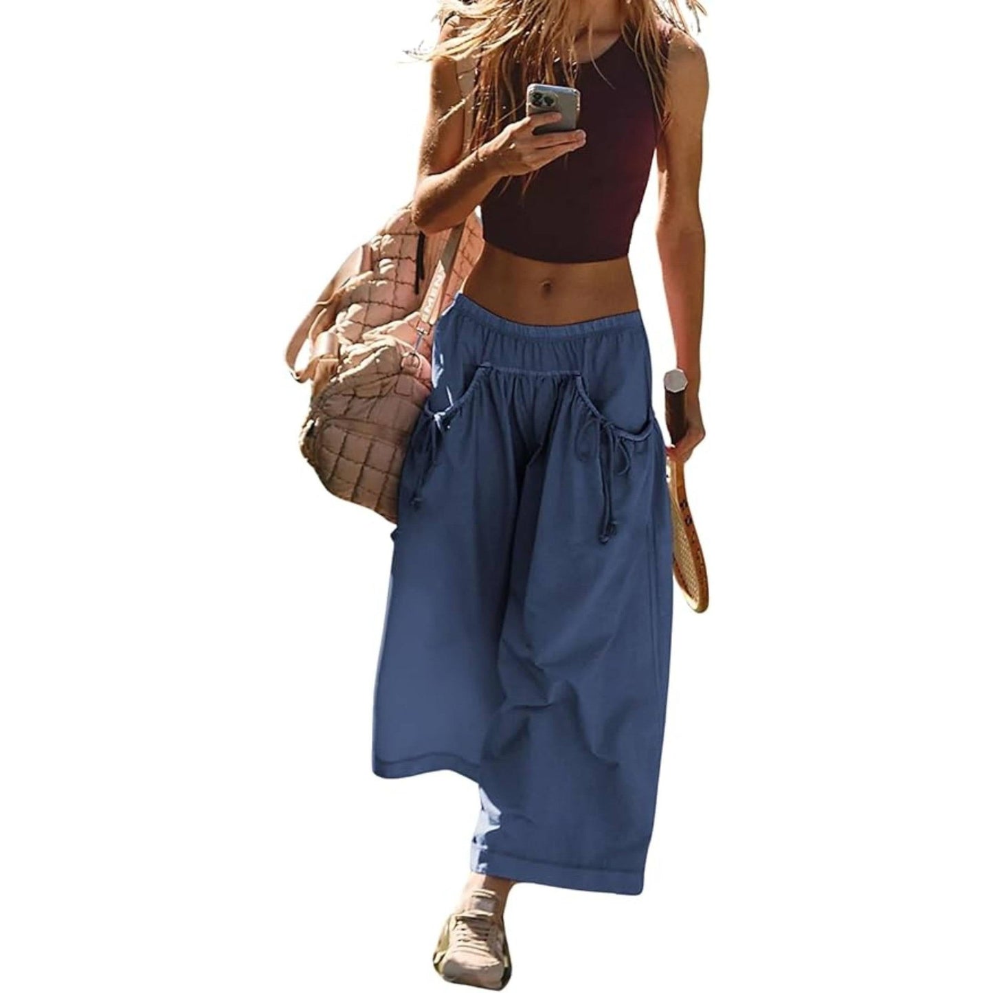 ⏰Hot Sale Women's Loose Wide Leg Track Pants Drawstring Pockets Elastic Waist Capri Hiking Pants