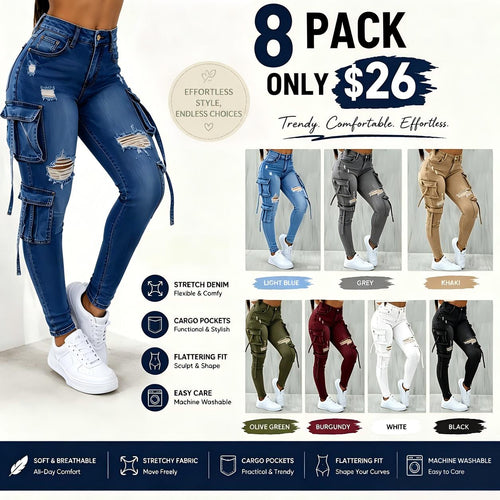 Y2K Womenswear Streetwear Multi-pocket Cropped Work Stretchy Skinny Cargo Denim Jeans Pants