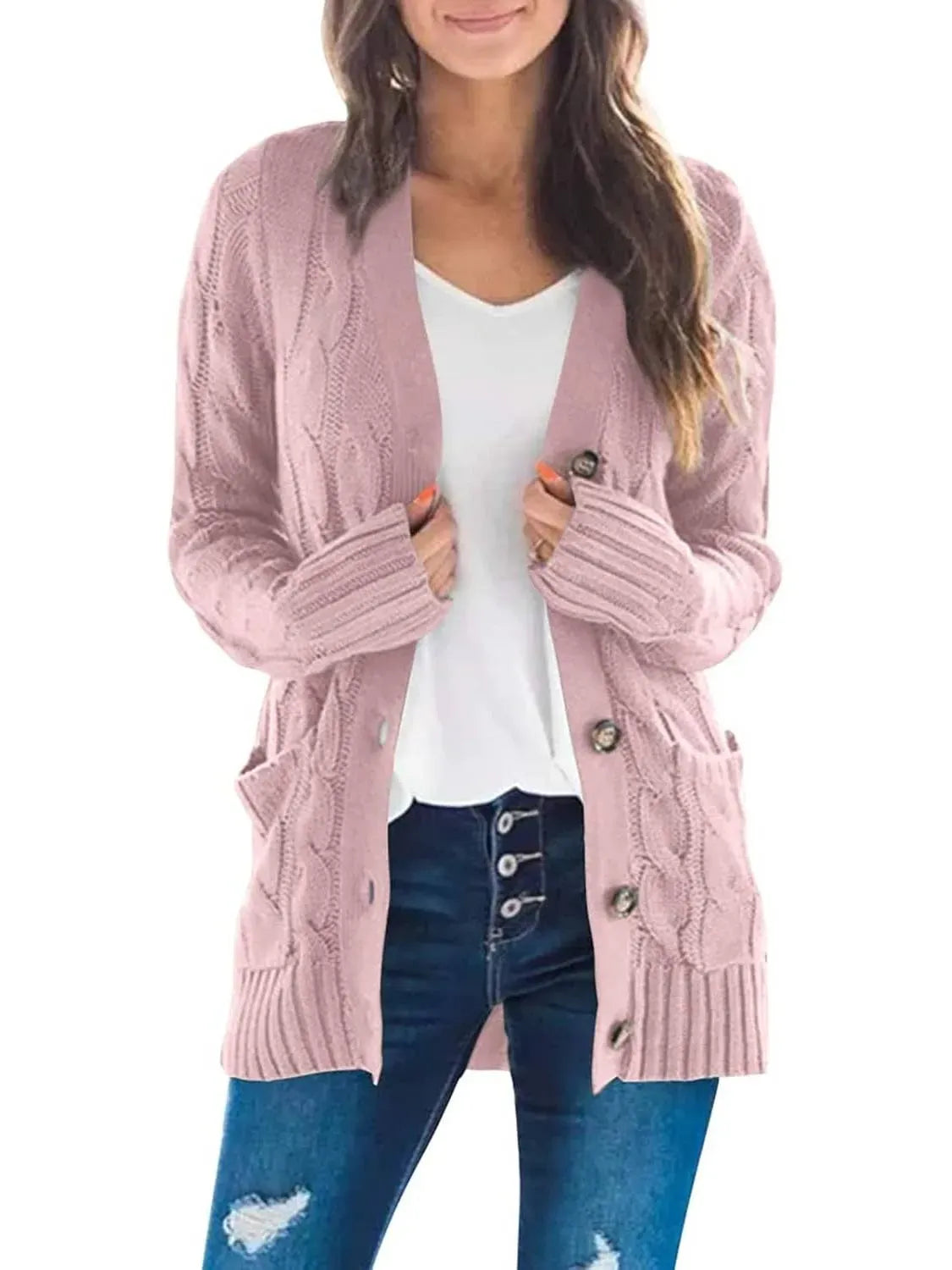 Women's Fall Casual Long Sleeve Button Down Open Front Cable Knit Cardigan