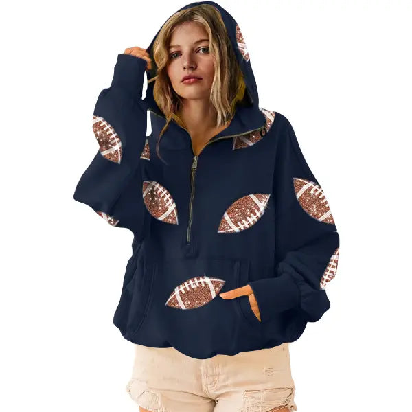 Women's Oversized Game Day Hoodie Casual Long‑Sleeve Half‑Zip Pullover with Sequin Football Print Kangaroo Pocket