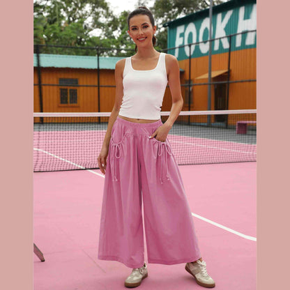 ⏰Hot Sale Women's Loose Wide Leg Track Pants Drawstring Pockets Elastic Waist Capri Hiking Pants