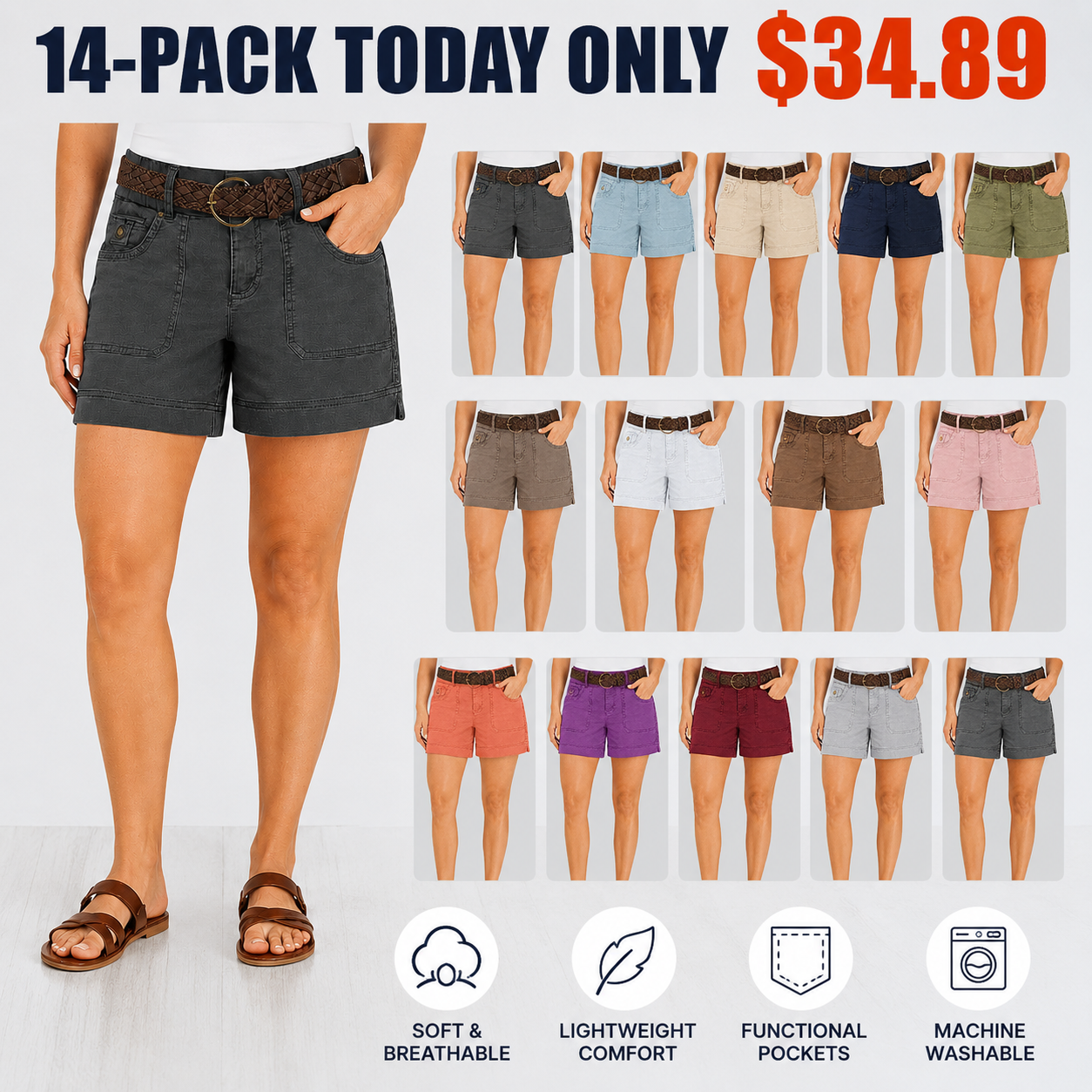 FINAL SALE⚡- 8 PACK Casual Summer Shorts – Split Side Flap Pocket Shorts Without Belt