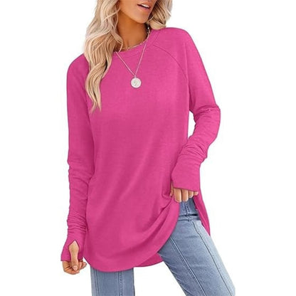 Womens Tunic Tops to Wear with Leggings Long Sleeve Thumb Crew Neck Curved Hem