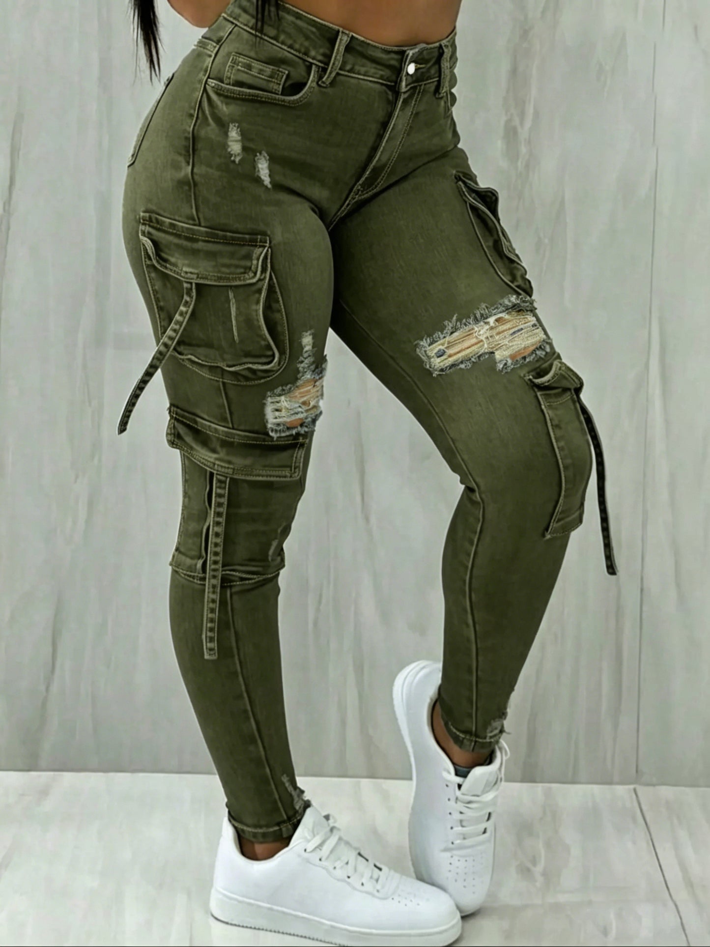Y2K Womenswear Streetwear Multi-pocket Cropped Work Stretchy Skinny Cargo Denim Jeans Pants