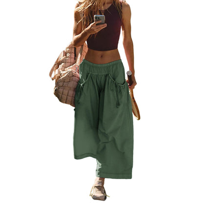 ⏰Hot Sale Women's Loose Wide Leg Track Pants Drawstring Pockets Elastic Waist Capri Hiking Pants