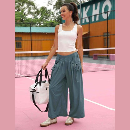 ⏰Hot Sale Women's Loose Wide Leg Track Pants Drawstring Pockets Elastic Waist Capri Hiking Pants