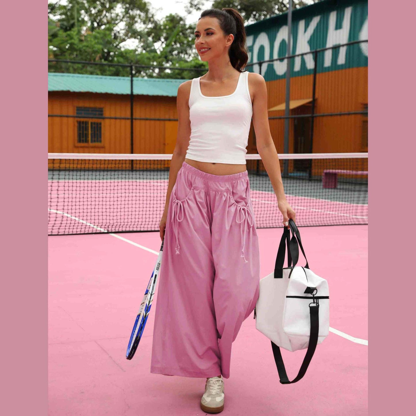 ⏰Hot Sale Women's Loose Wide Leg Track Pants Drawstring Pockets Elastic Waist Capri Hiking Pants