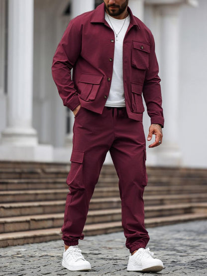 Men's Solid Color Two-Piece Set — Button-Up Shirt & Pants, Casual Long Sleeve Workwear Outfit for Spring & Fall