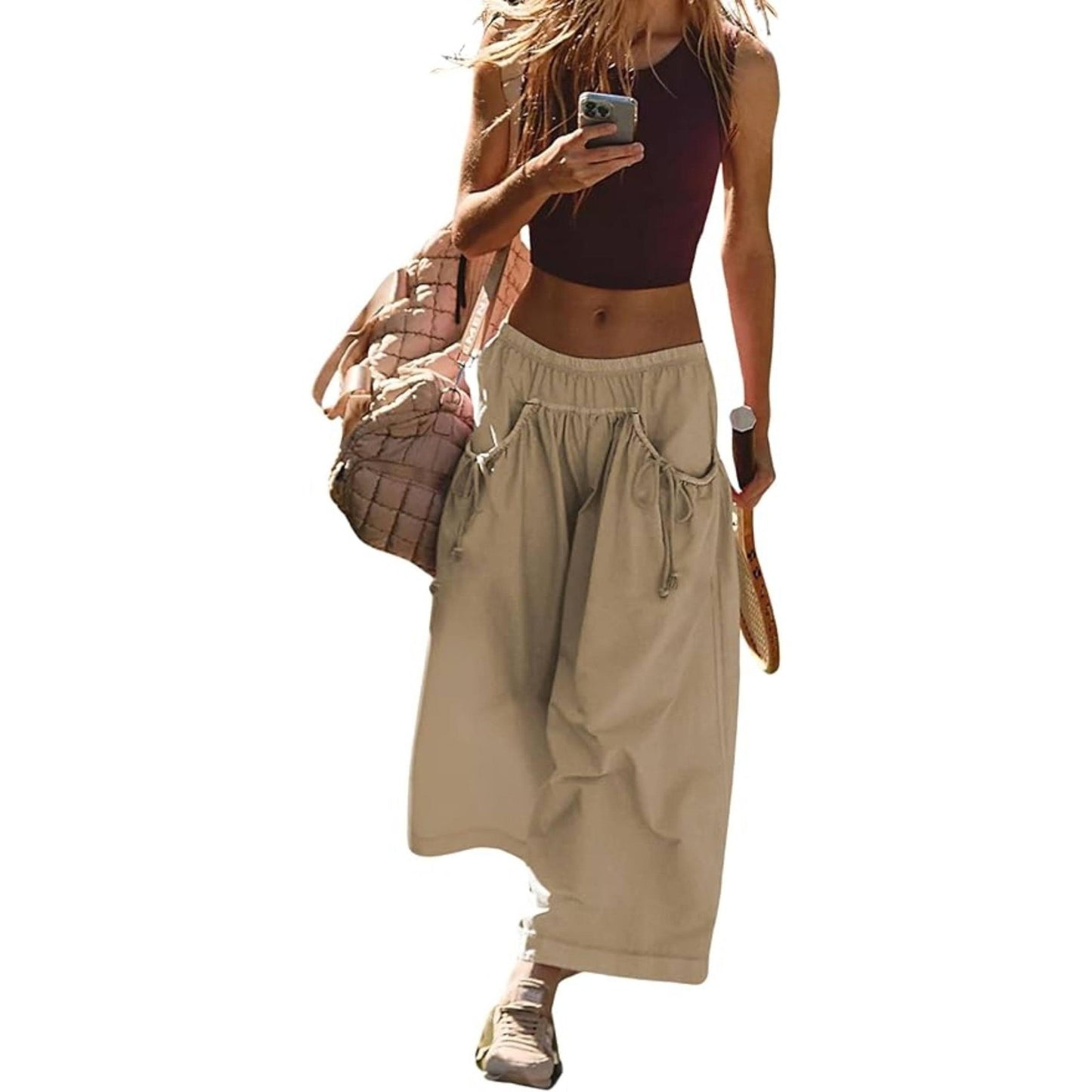 ⏰Hot Sale Women's Loose Wide Leg Track Pants Drawstring Pockets Elastic Waist Capri Hiking Pants