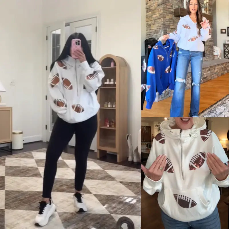 Women's Oversized Game Day Hoodie Casual Long‑Sleeve Half‑Zip Pullover with Sequin Football Print Kangaroo Pocket