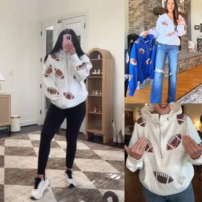Women's Oversized Game Day Hoodie Casual Long‑Sleeve Half‑Zip Pullover with Sequin Football Print Kangaroo Pocket