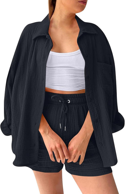 🔥Last day promotion🔥Women's Pleated Button Shirt Casual Suit（Top + vest + shorts）