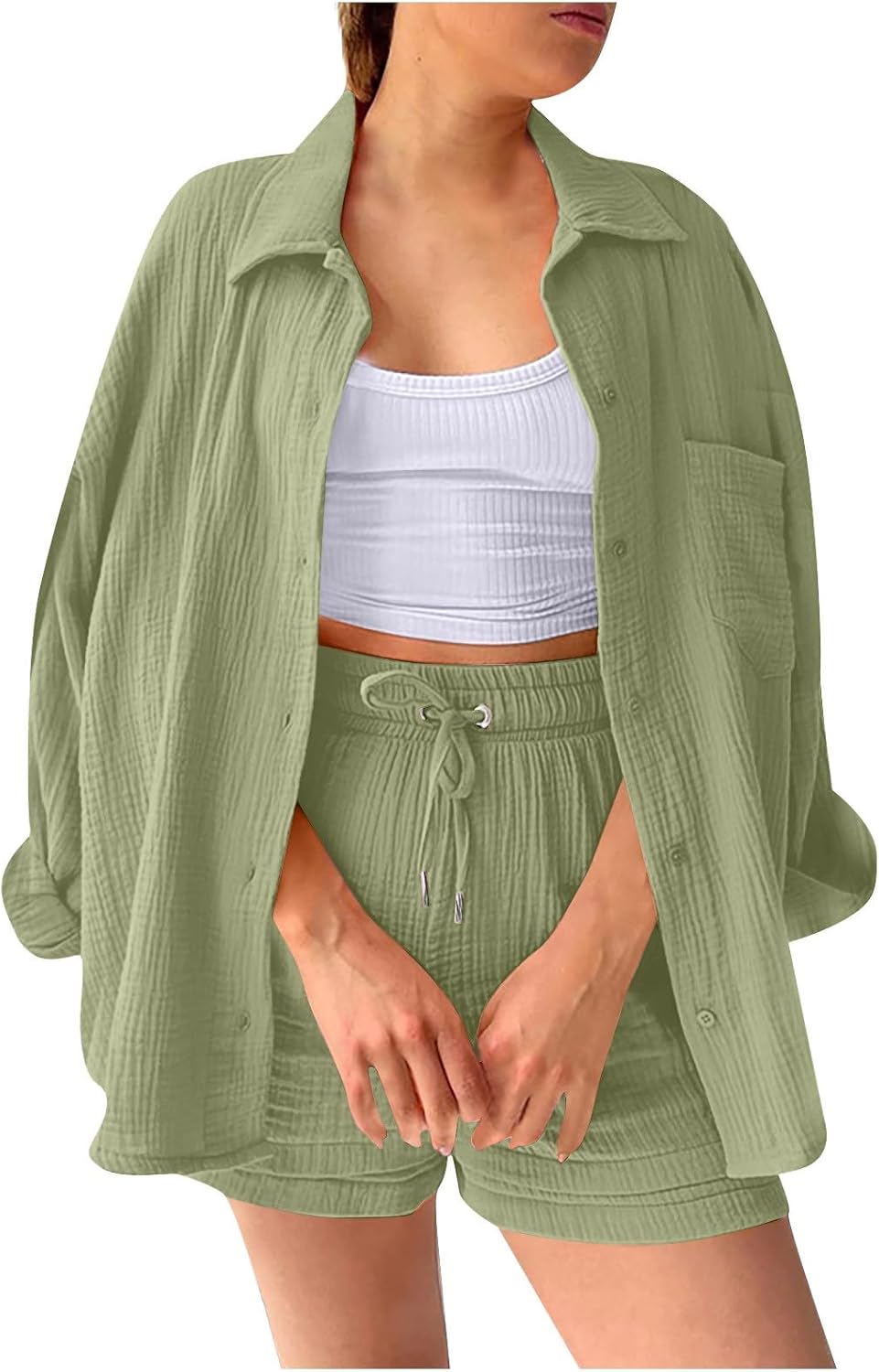 🔥Last day promotion🔥Women's Pleated Button Shirt Casual Suit（Top + vest + shorts）