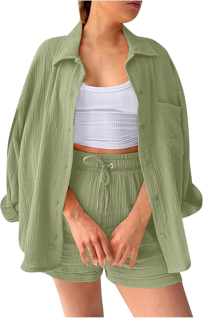 🔥Last day promotion🔥Women's Pleated Button Shirt Casual Suit（Top + vest + shorts）