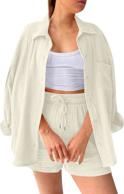 🔥Last day promotion🔥Women's Pleated Button Shirt Casual Suit（Top + vest + shorts）