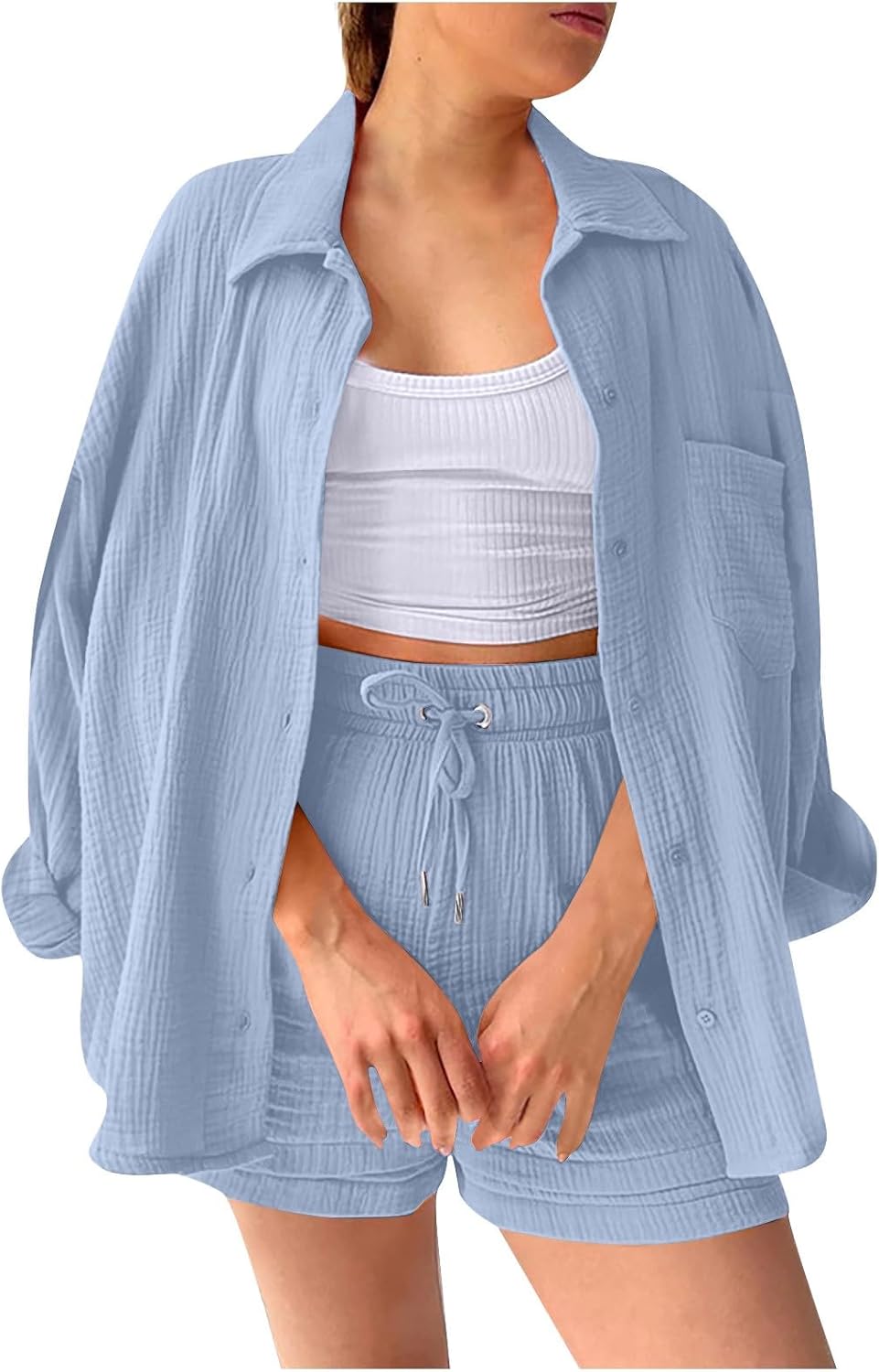 🔥Last day promotion🔥Women's Pleated Button Shirt Casual Suit（Top + vest + shorts）