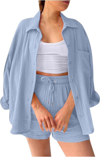 🔥Last day promotion🔥Women's Pleated Button Shirt Casual Suit（Top + vest + shorts）