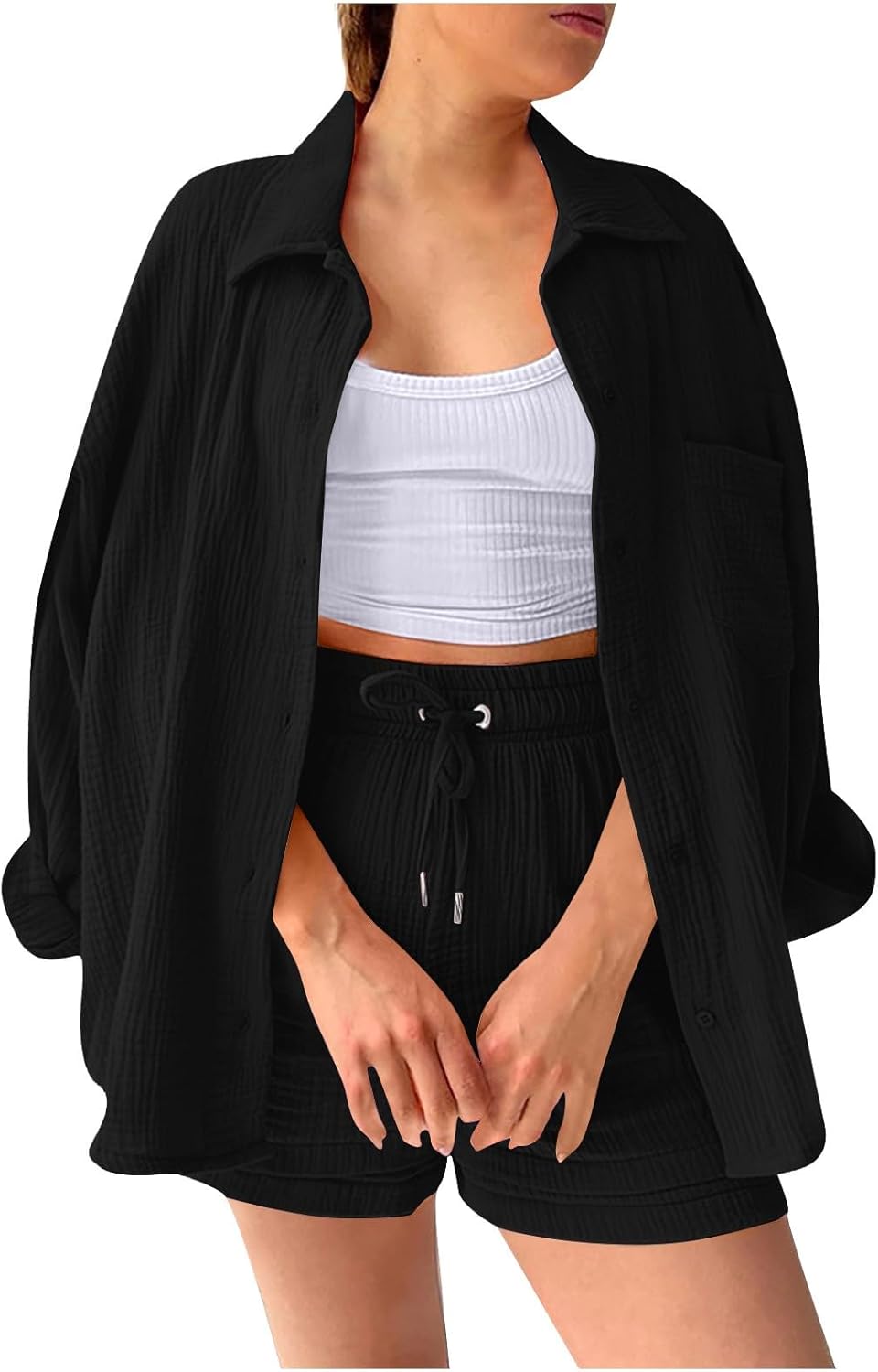 🔥Last day promotion🔥Women's Pleated Button Shirt Casual Suit（Top + vest + shorts）