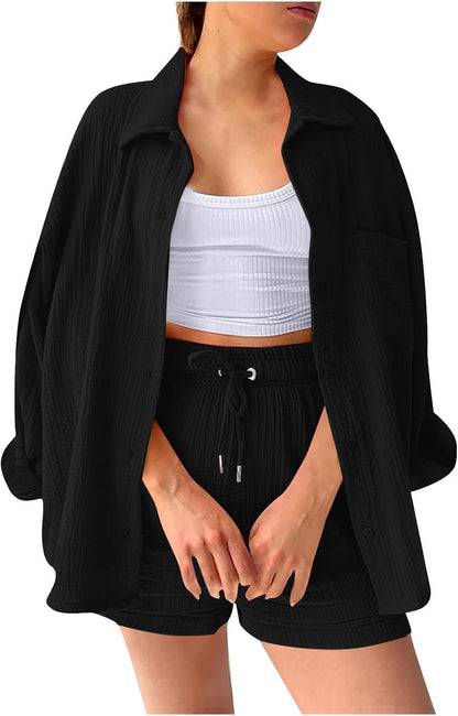 🔥Last day promotion🔥Women's Pleated Button Shirt Casual Suit（Top + vest + shorts）