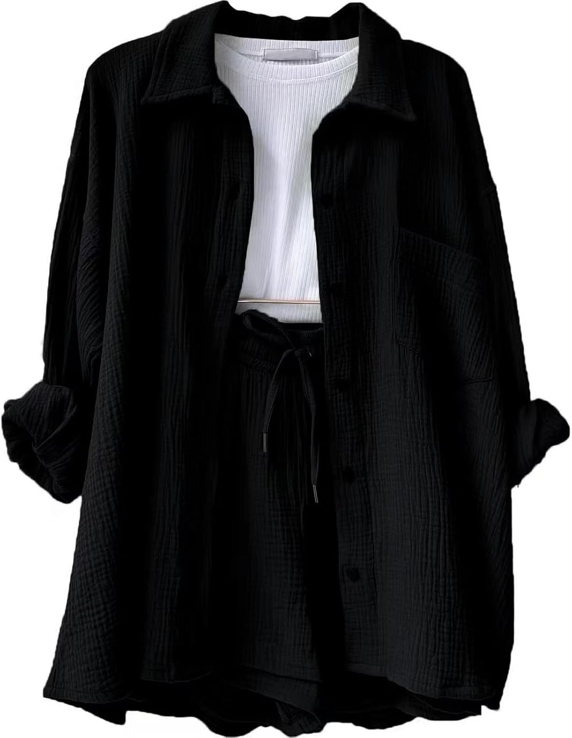 🔥Last day promotion🔥Women's Pleated Button Shirt Casual Suit（Top + vest + shorts）