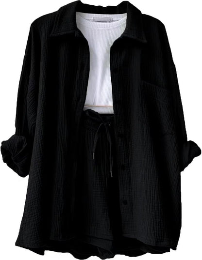 🔥Last day promotion🔥Women's Pleated Button Shirt Casual Suit（Top + vest + shorts）