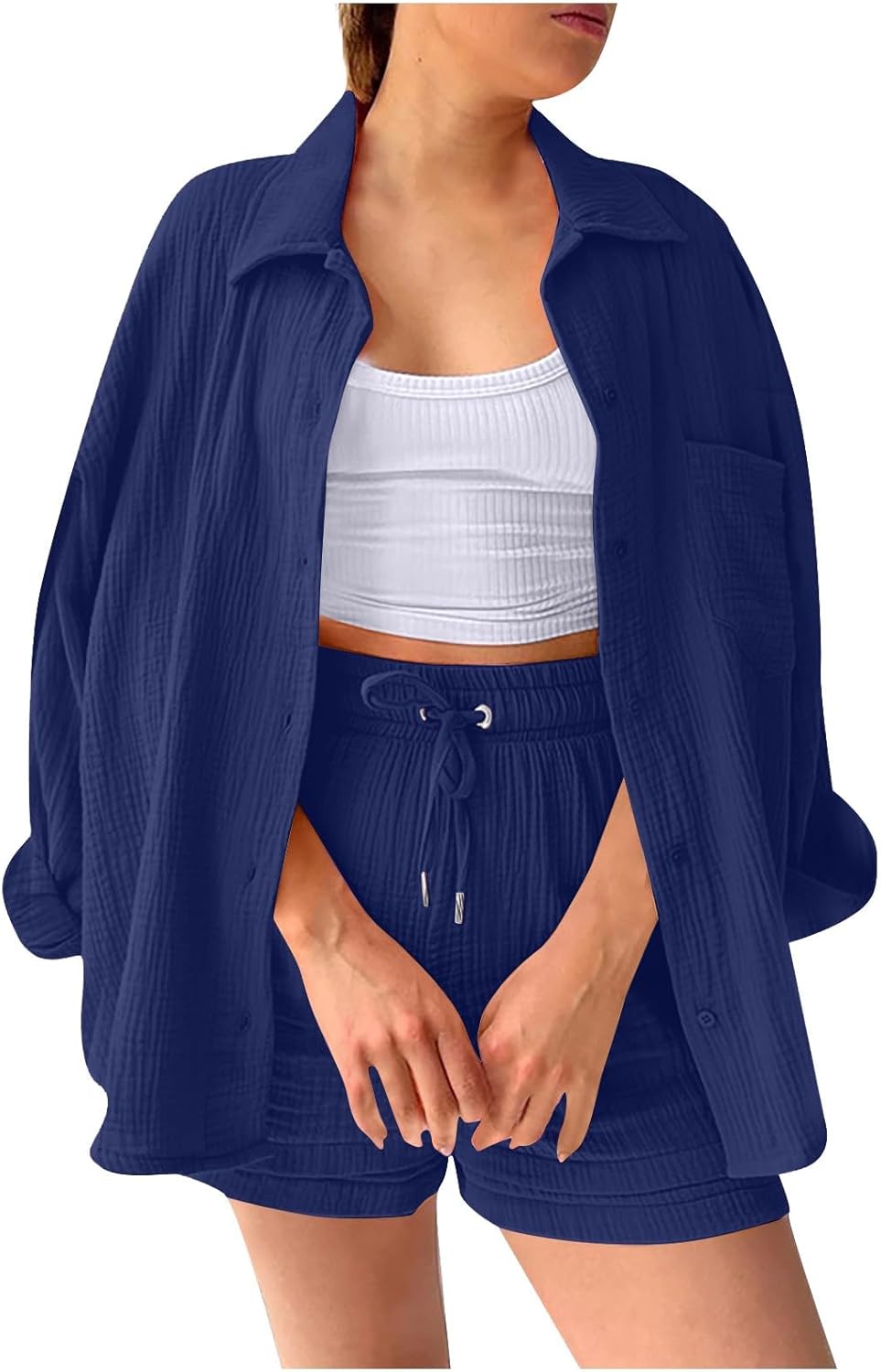🔥Last day promotion🔥Women's Pleated Button Shirt Casual Suit（Top + vest + shorts）