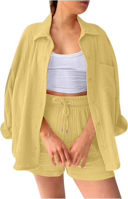 🔥Last day promotion🔥Women's Pleated Button Shirt Casual Suit（Top + vest + shorts）