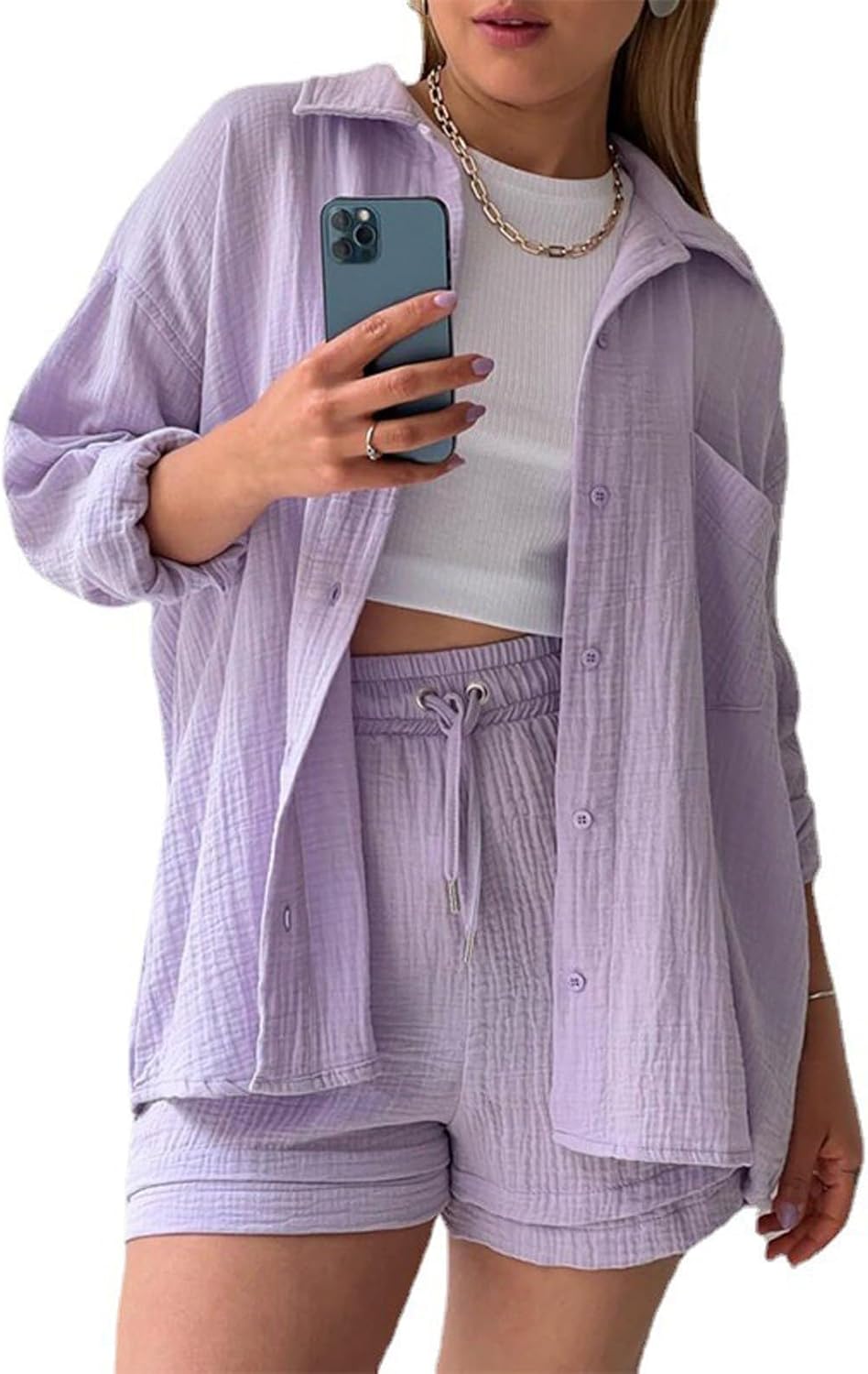 🔥Last day promotion🔥Women's Pleated Button Shirt Casual Suit（Top + vest + shorts）