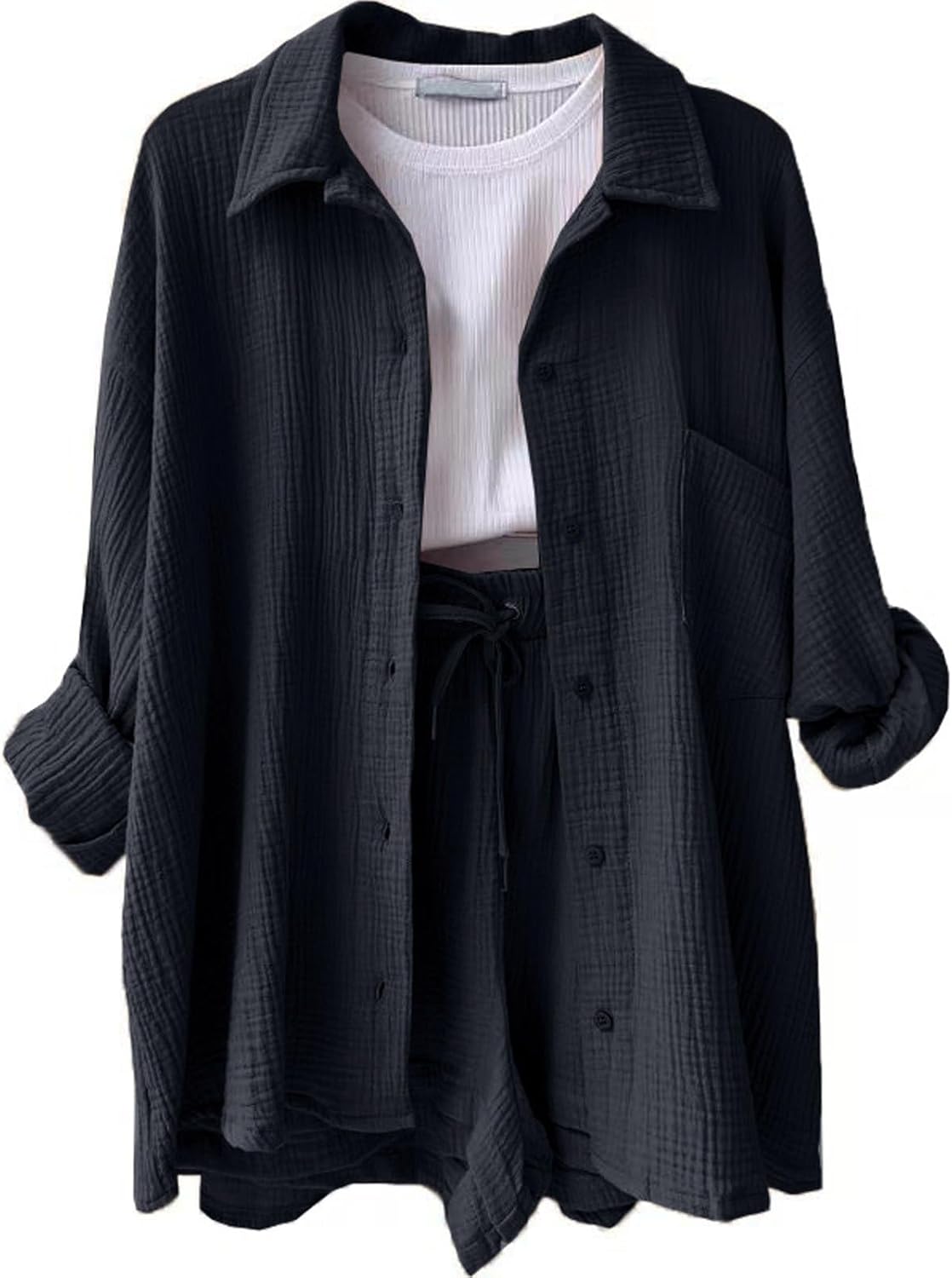 🔥Last day promotion🔥Women's Pleated Button Shirt Casual Suit（Top + vest + shorts）