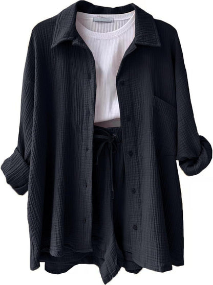 🔥Last day promotion🔥Women's Pleated Button Shirt Casual Suit（Top + vest + shorts）