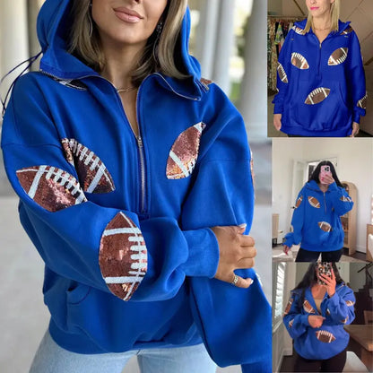 Women's Oversized Game Day Hoodie Casual Long‑Sleeve Half‑Zip Pullover with Sequin Football Print Kangaroo Pocket