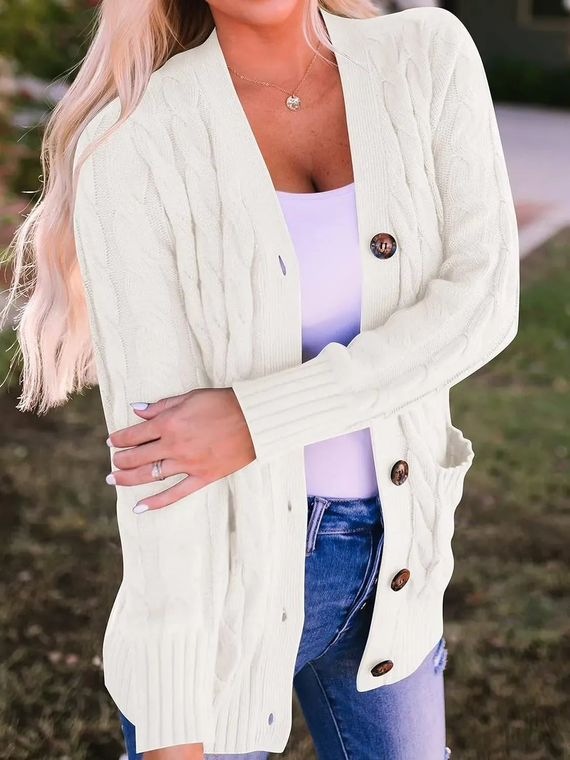Women's Fall Casual Long Sleeve Button Down Open Front Cable Knit Cardigan