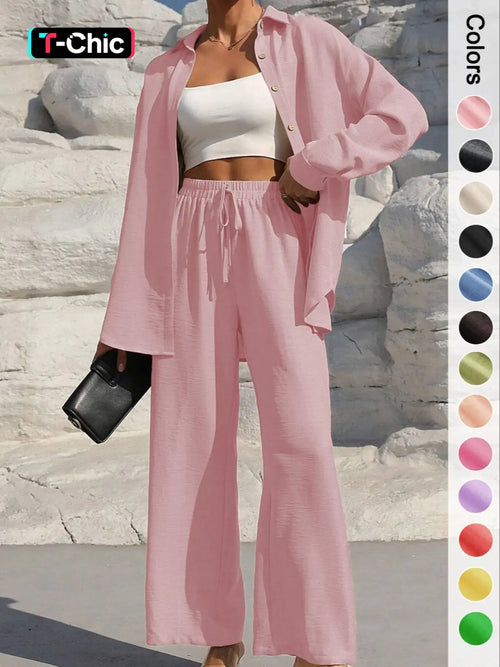 Women's Casual Button Front Shirt & Tie Front Pants Set