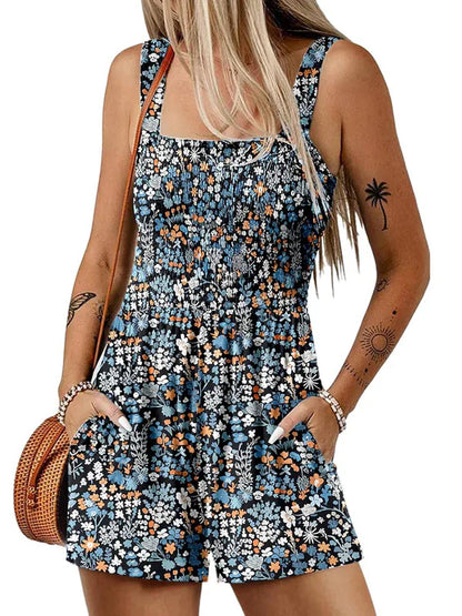 💃Women's Summer Square Neck Sleeveless Loose Casual Short Smocked Romper